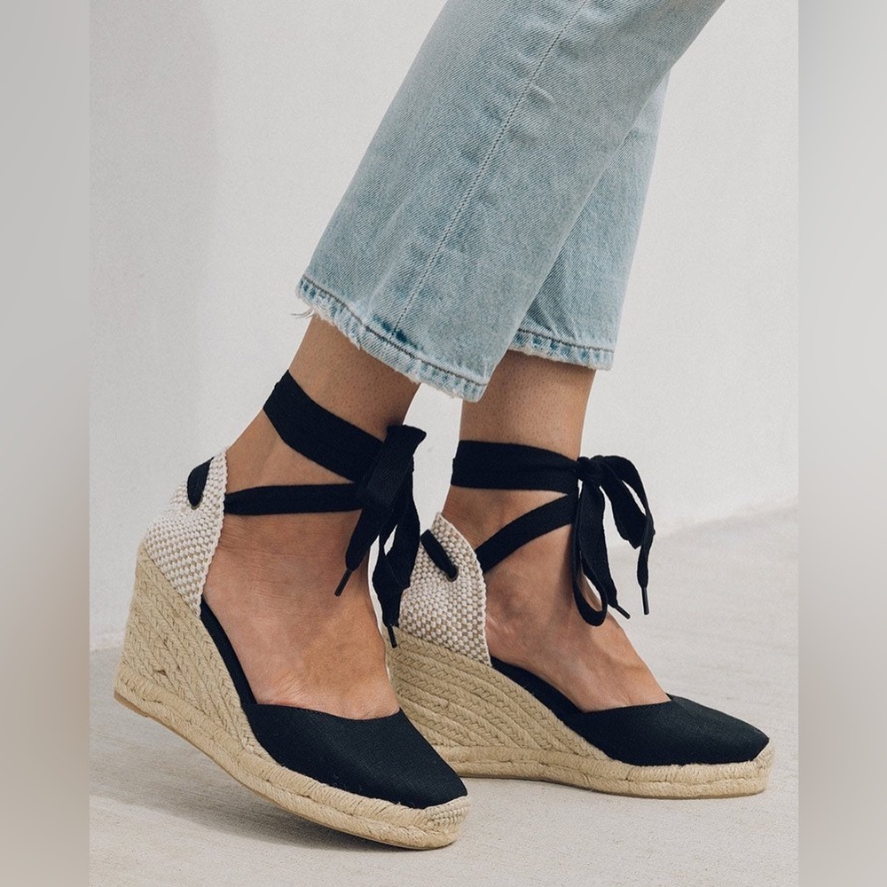 Soludos Black Marseille Classic Tall Wedge Lace Up Espadrilles Women's sz 8